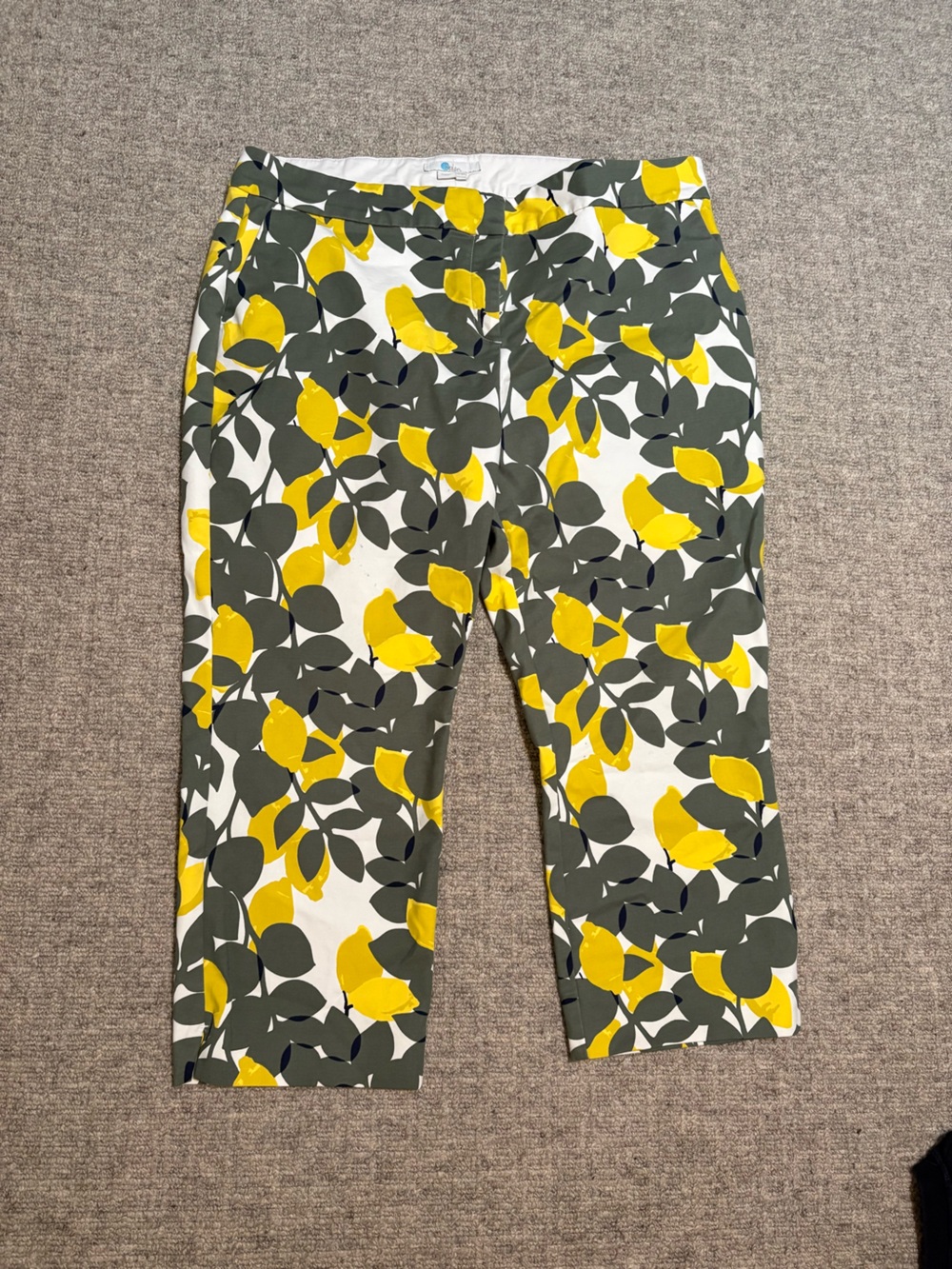 Boden White Cropped Pants with Bright Lemons and Olive / Navy Leaf Print - Picture 2 of 15